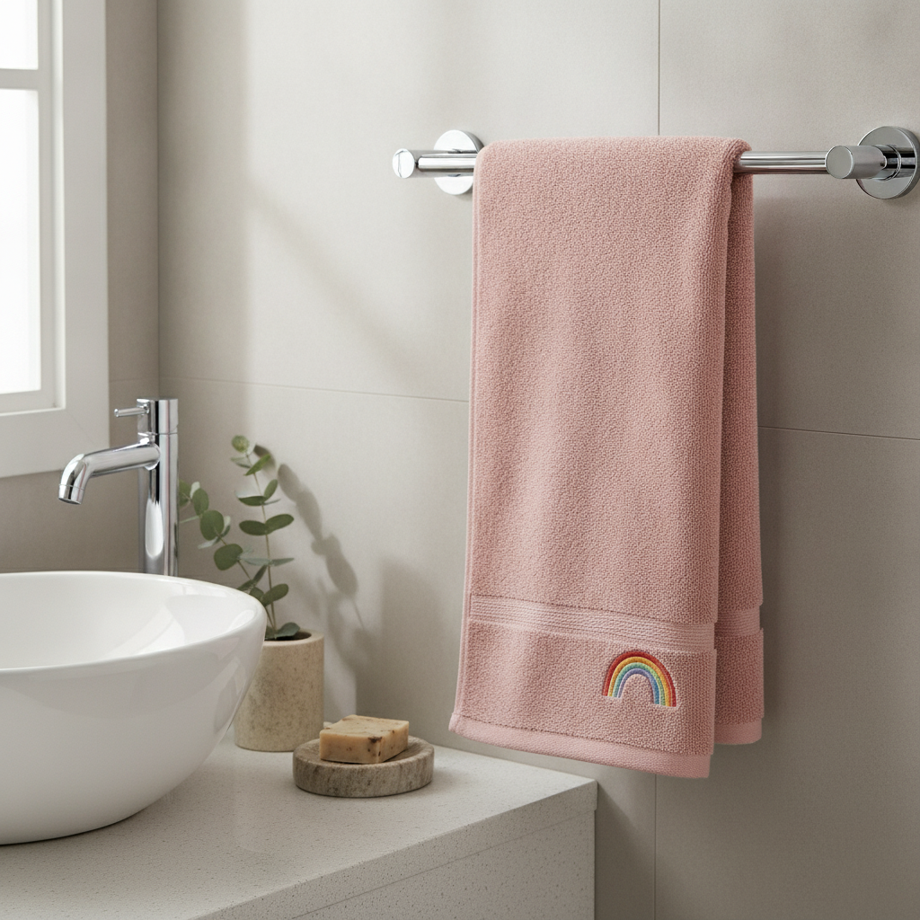 Dusty-pink rainbow-stitch cotton hand towel hanging on a bathroom rail beside a sink