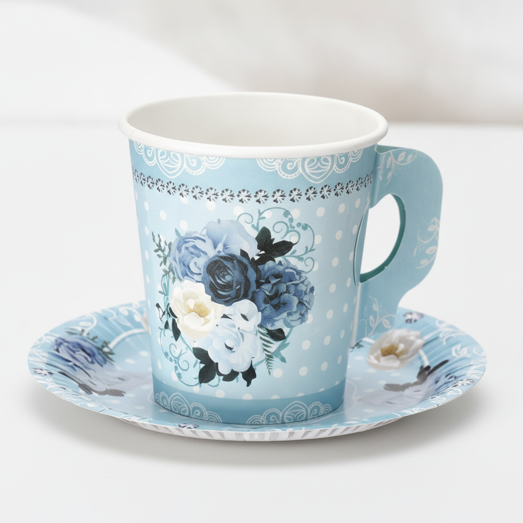 Close-up of blue peony rose print on a disposable paper tea cup with white interior