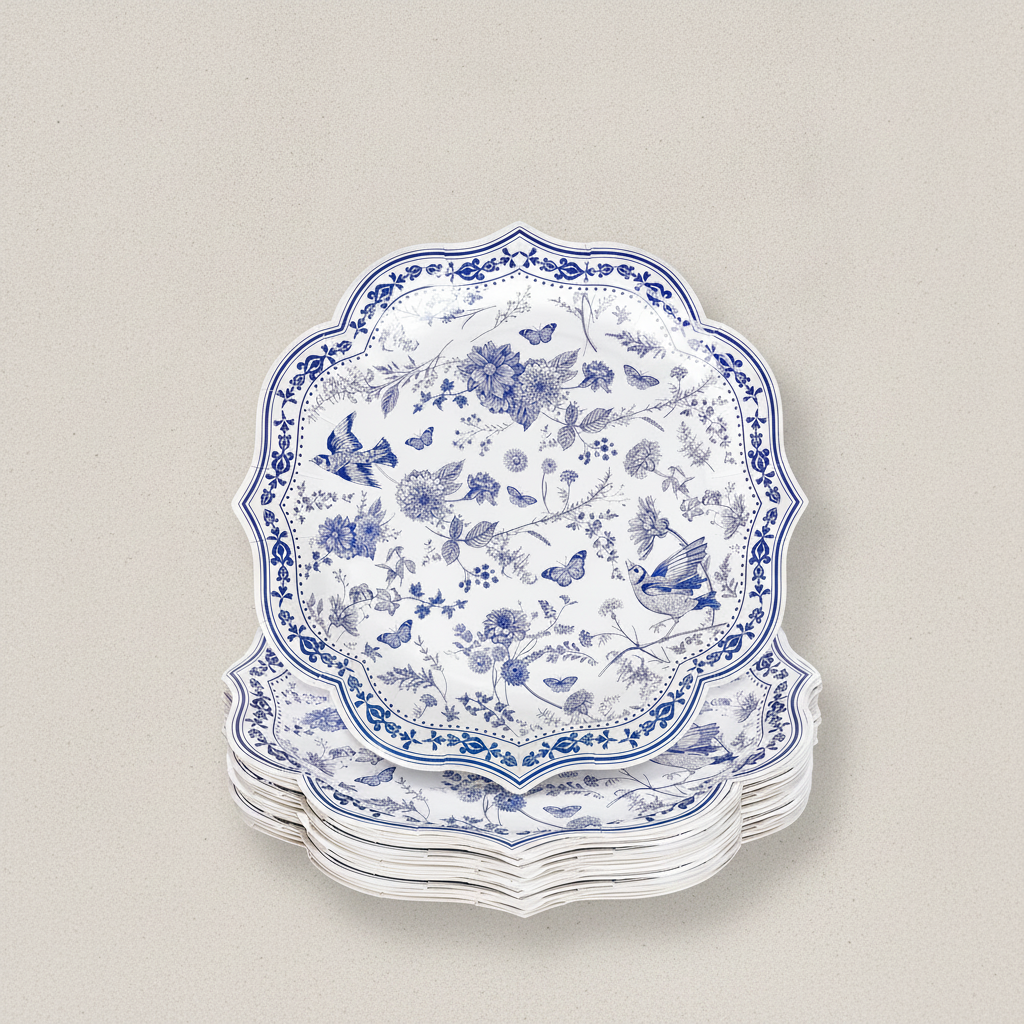 Stack of blue chinoiserie scalloped paper plates on white background
