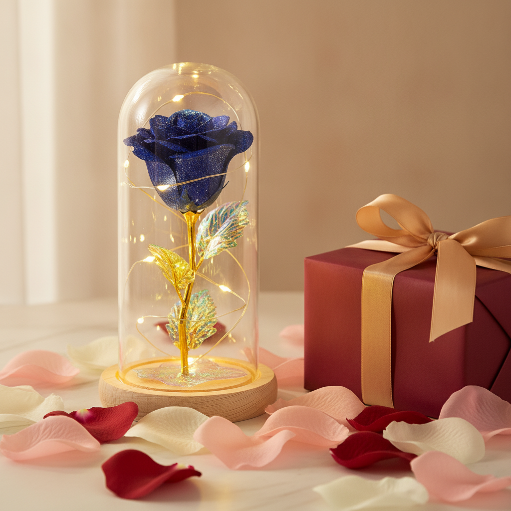 Blue galaxy rose dome lamp styled as a Valentine's gift with gift box