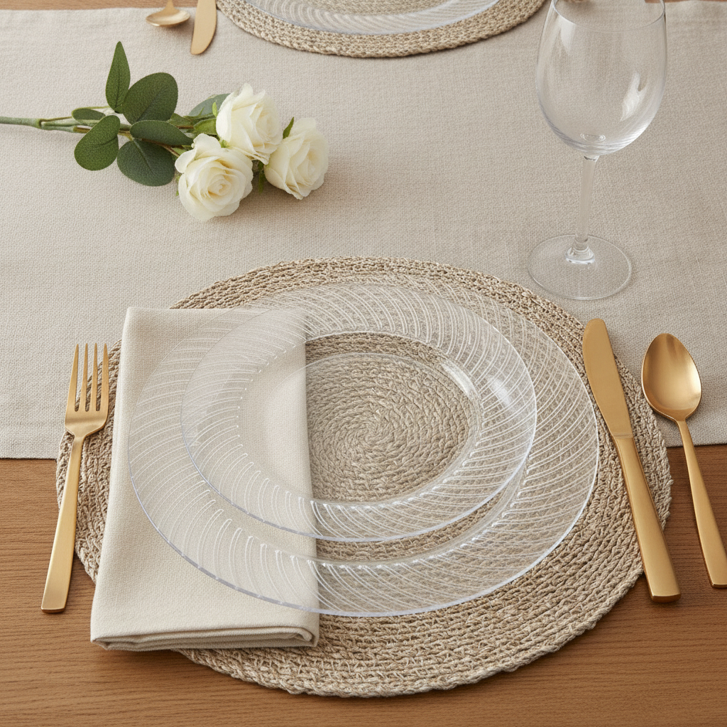 Clear disposable plates overhead place setting over gold charger with gold cutlery