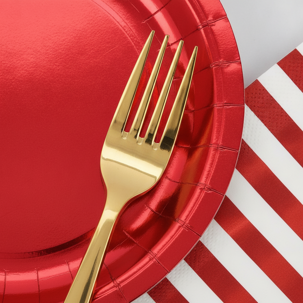 Macro close-up of glossy metallic red paper plate, gold fork and striped napkin