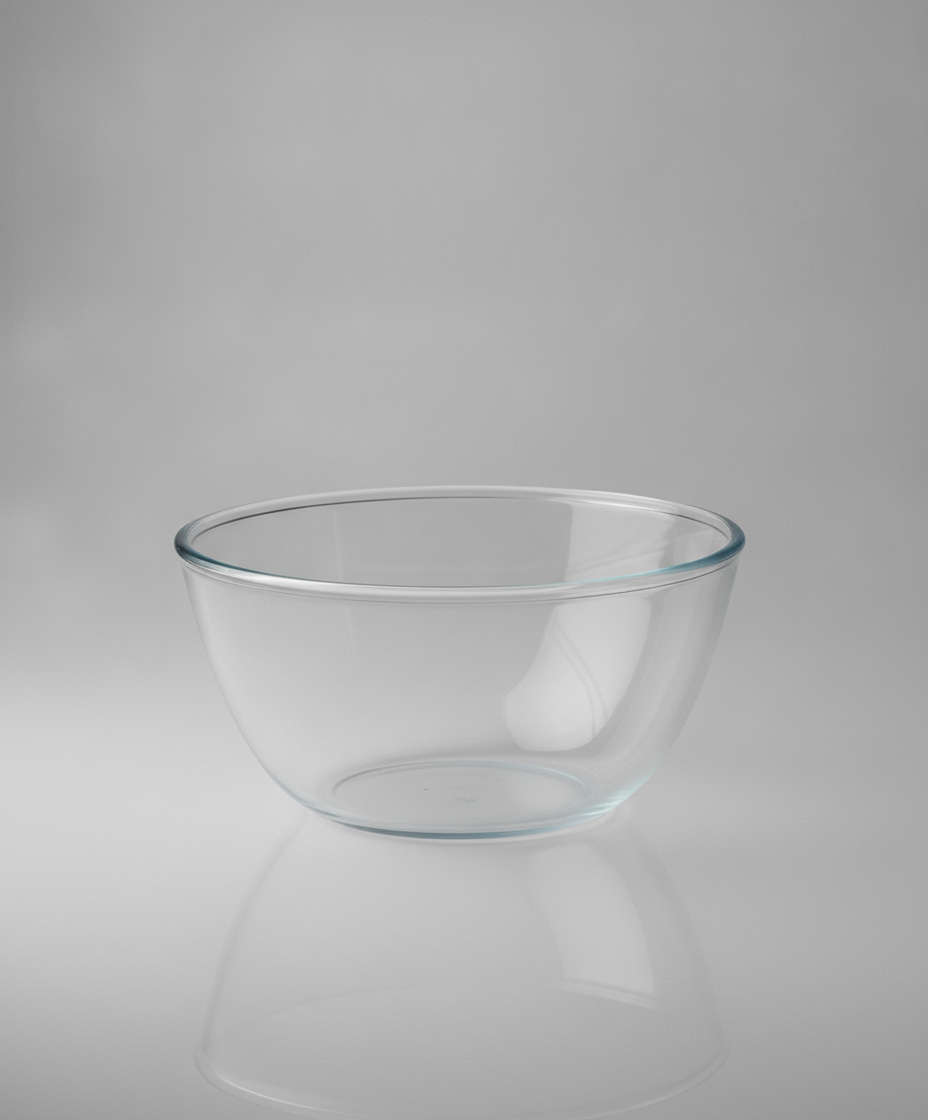 Single empty clear borosilicate glass salad bowl on a grey background
