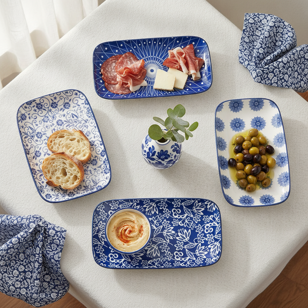 Styled antipasti spread on rectangular blue and white ceramic serving plates