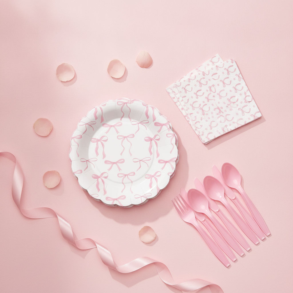 Overhead flat-lay of pink bow scalloped paper plates, napkins and pink cutlery