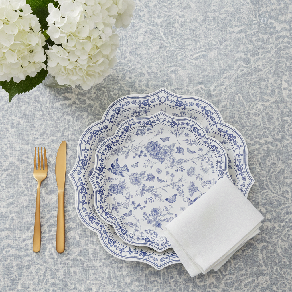 Blue chinoiserie scalloped paper plate place setting with napkin, gold cutlery and hydrangeas