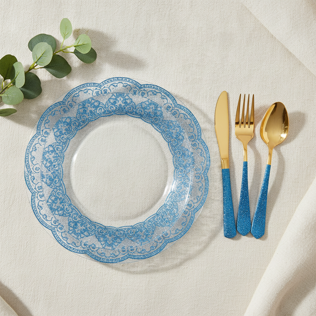 Overhead flat-lay of clear blue baroque plastic plates with blue glitter cutlery