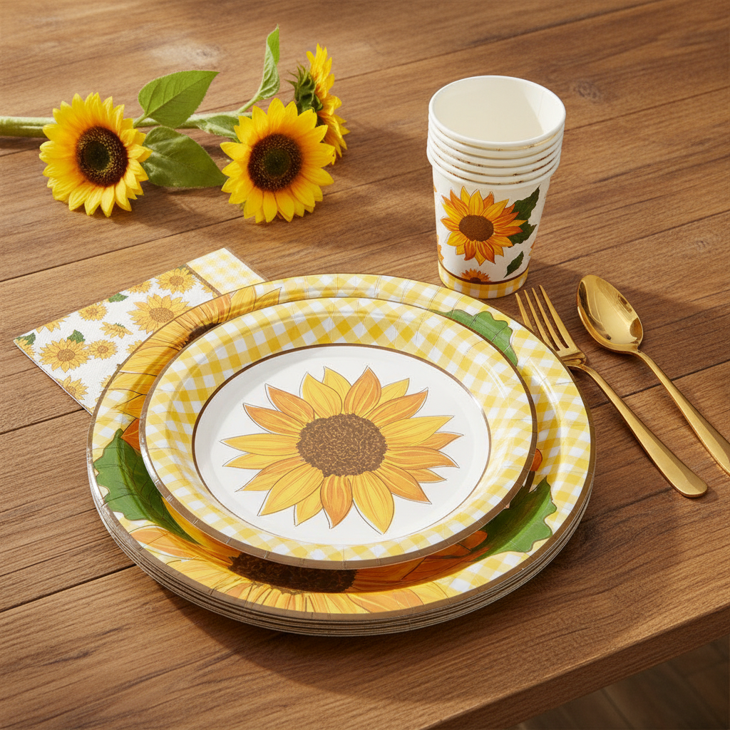 Sunflower disposable paper party set place setting with gingham-rim plates, cup and napkin