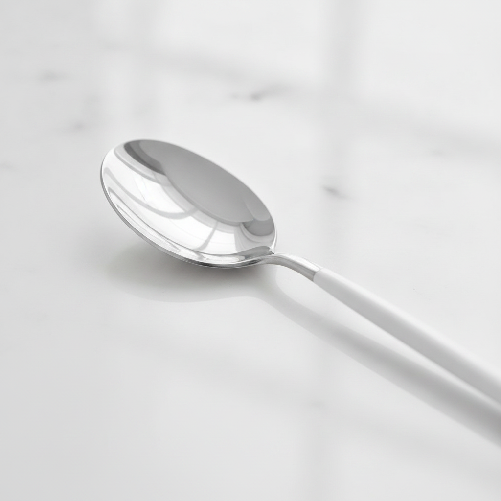 Close-up detail of mirror-silver head and matte white handle