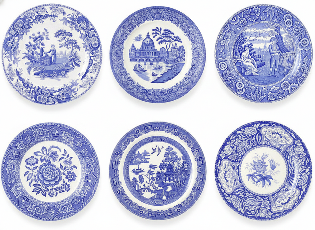 Set of six blue and white transferware earthenware plates on white