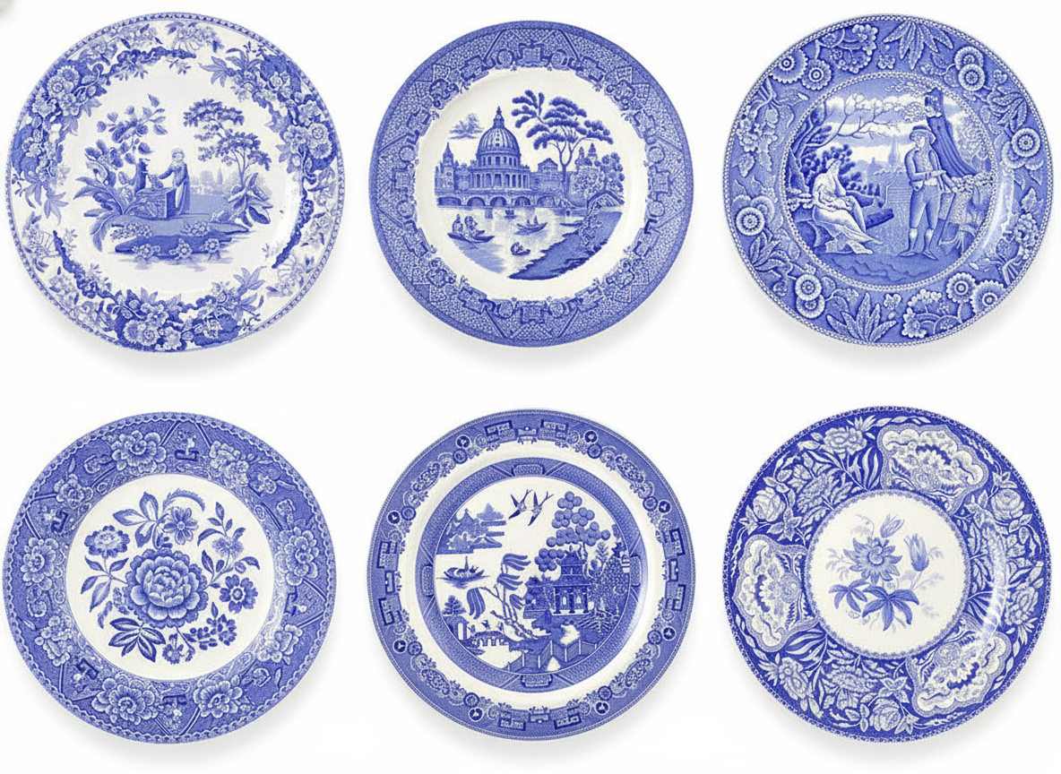 Set of six blue and white transferware earthenware plates on white