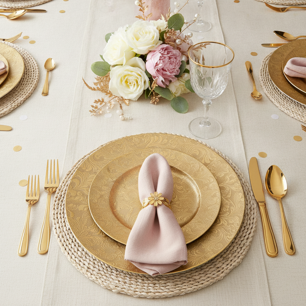 Gold floral charger plates styled in a luxurious wedding place setting with gold flatware, blush napkin in a ring, goblet and white roses