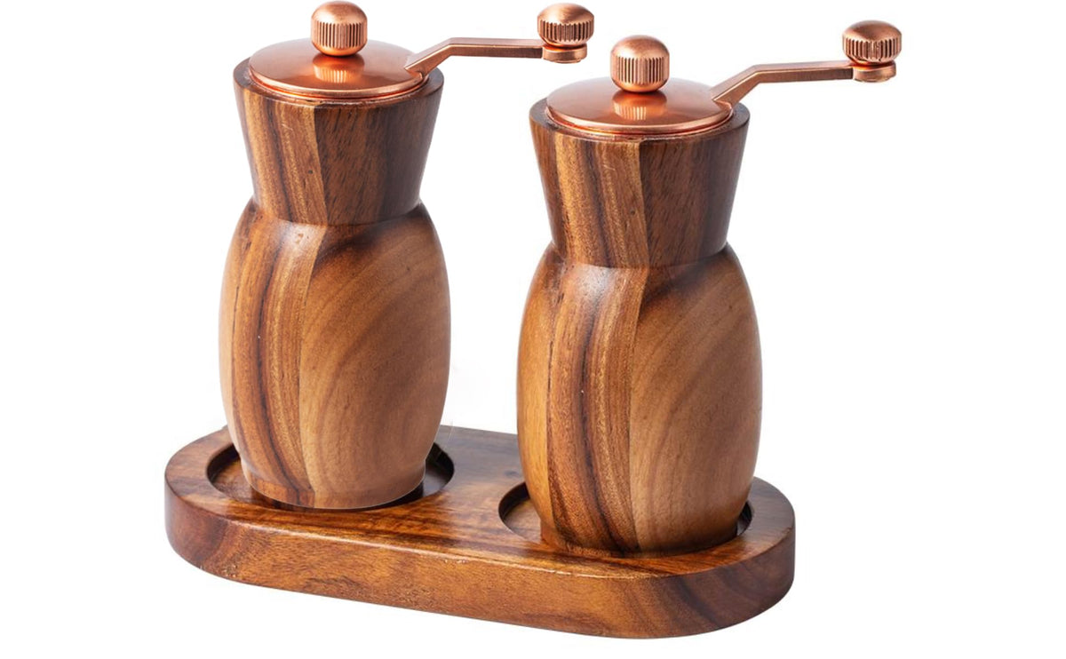 Acacia Salt and Pepper Mills with Stand, Set of 2