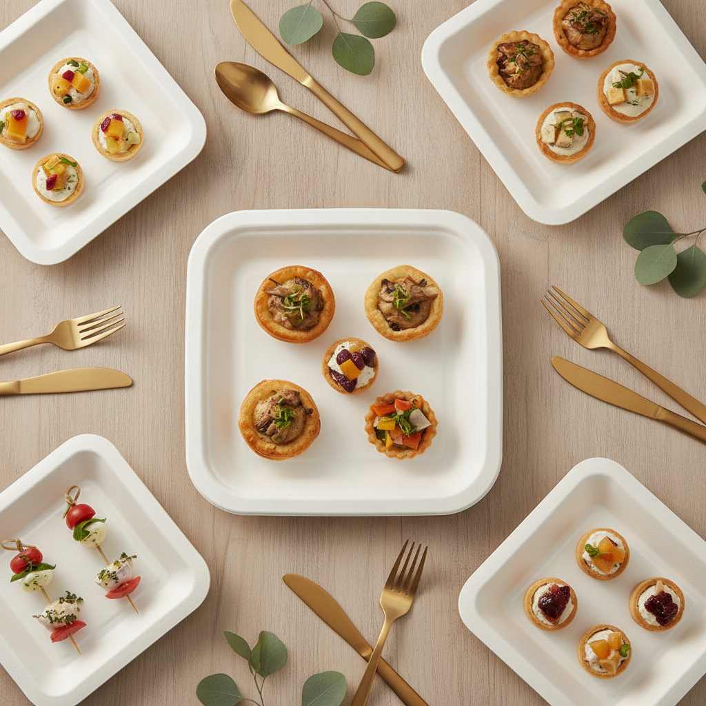 Natural square bagasse mini plates holding appetizers overhead with gold cutlery