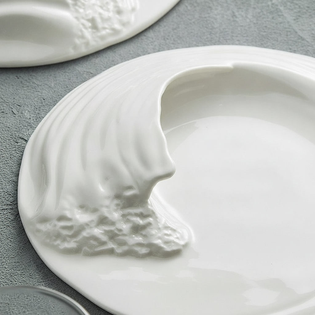 Close-up of the embossed sculptural wave relief on the porcelain plate