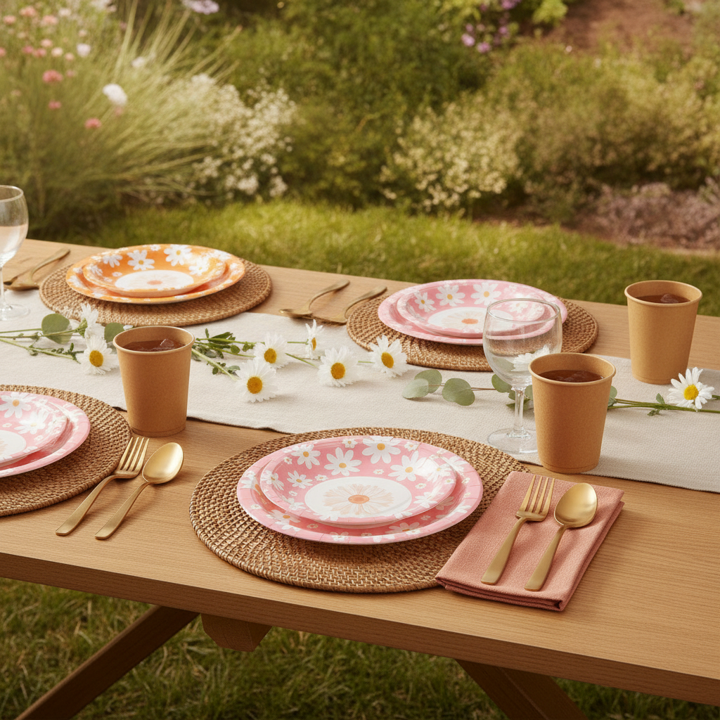 Retro boho party table set with groovy daisy paper plates and gold cutlery