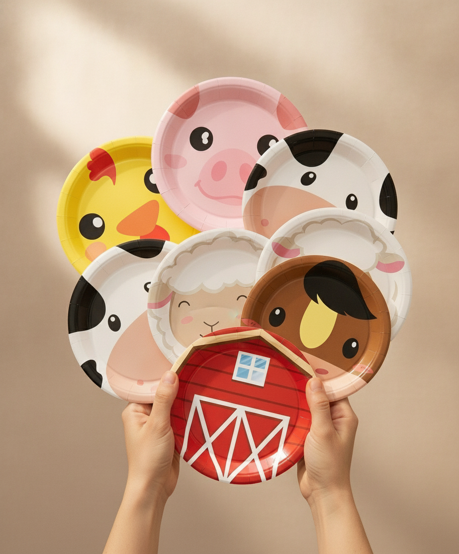 Fanned set of six farm animal disposable paper party plates held in hands