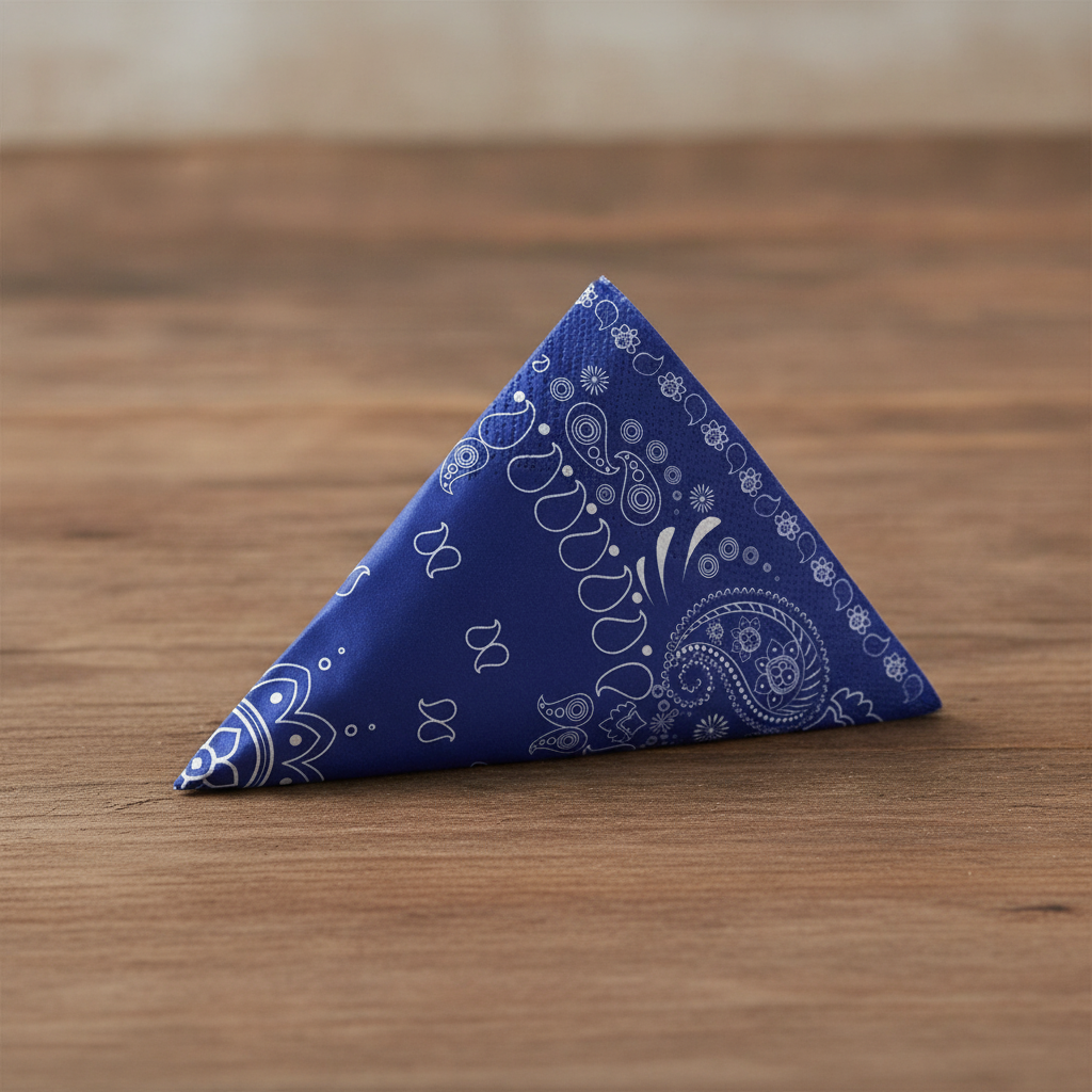Close-up of a folded blue paisley bandana paper napkin showing the matte paper texture