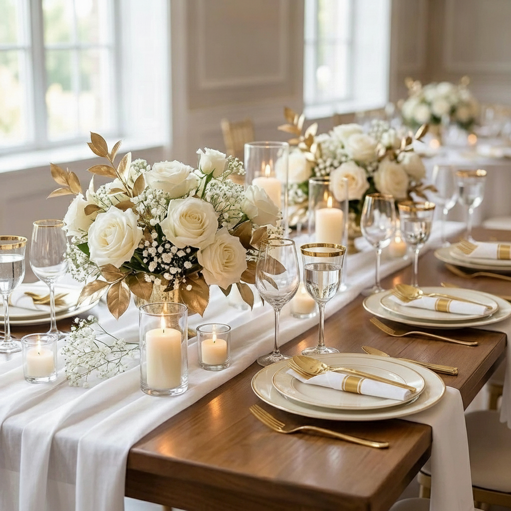 Wedding reception table set with pre-rolled gold cutlery white napkins roses and candles