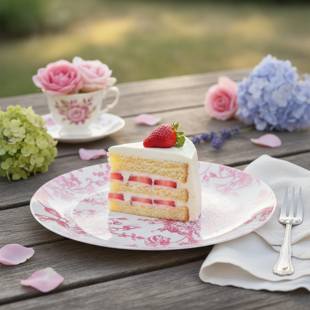 Pink floral toile dessert plate with strawberry cake at a garden tea party