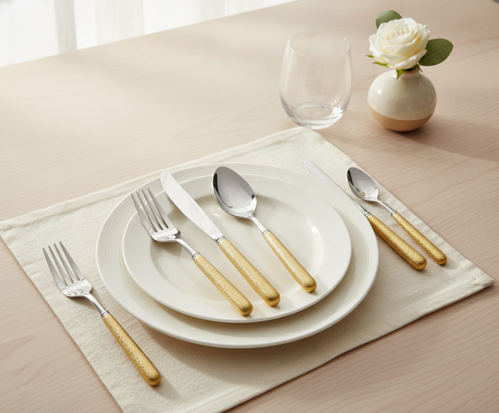 Gold-handle silverware in an elegant table place setting