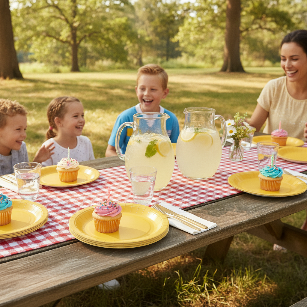 Sunny outdoor birthday picnic table with yellow disposable paper plates and cupcakes