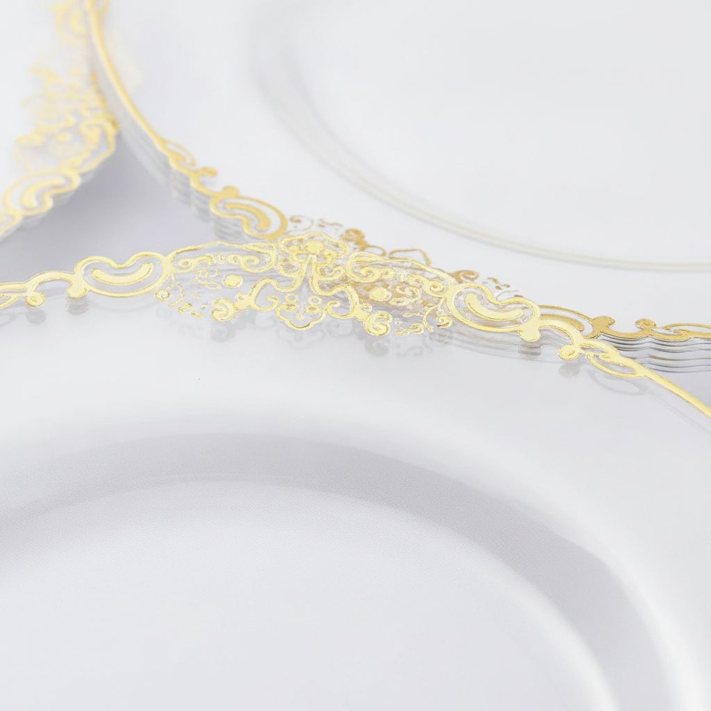 Close-up of ornate gold filigree pattern on a thin clear plastic plate rim