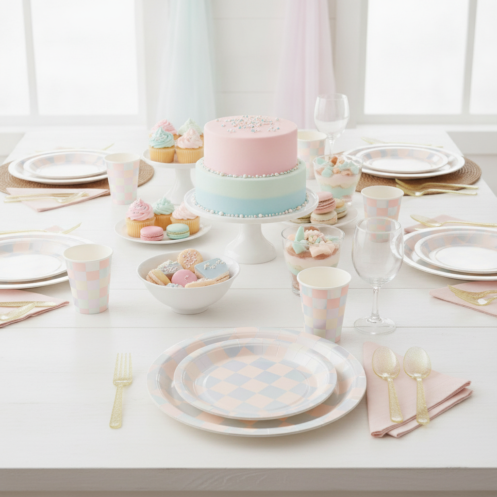 Dessert table with iridescent pastel checkerboard paper plates and gold cutlery