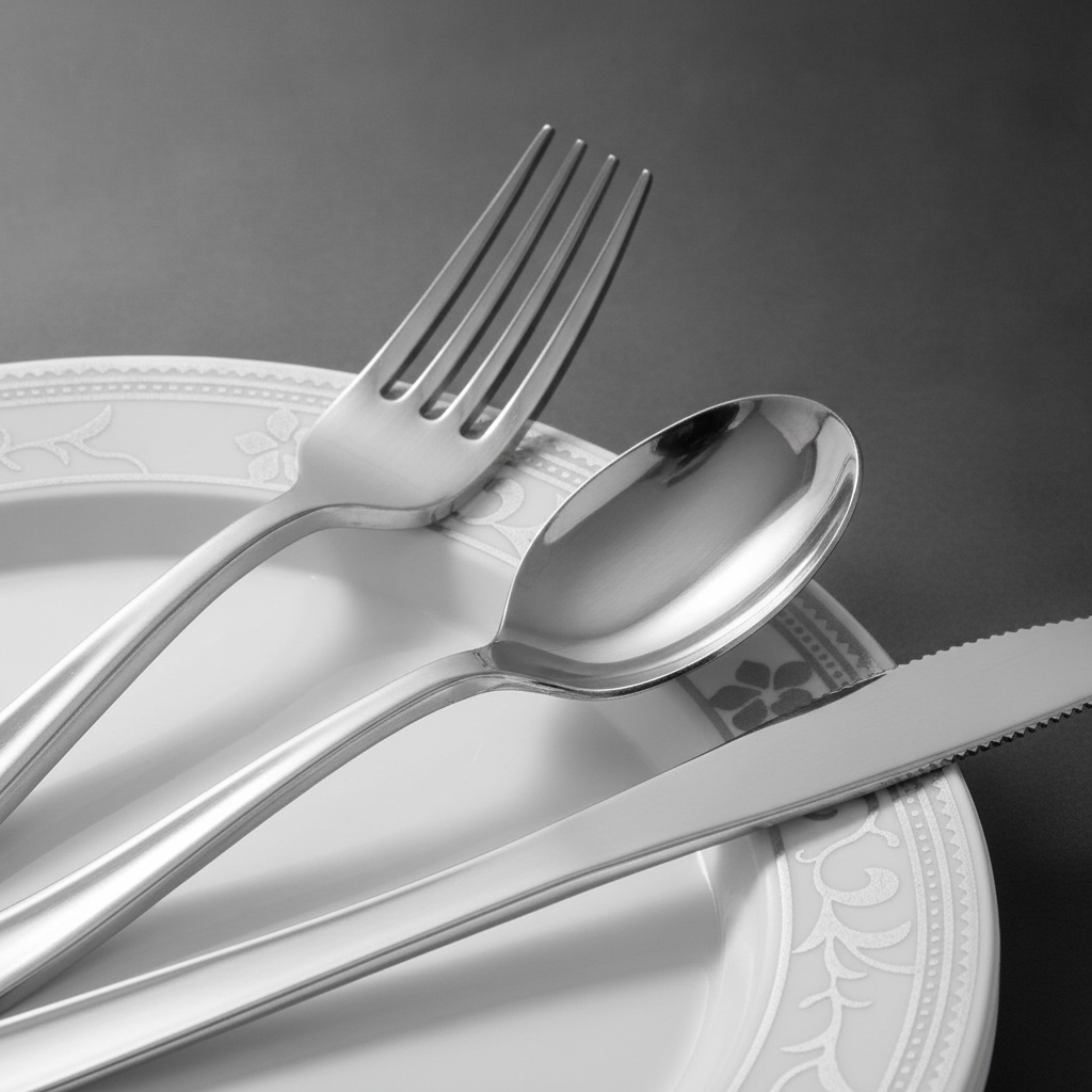 Macro detail of the ornate silver scrollwork floral rim with a silver plastic fork