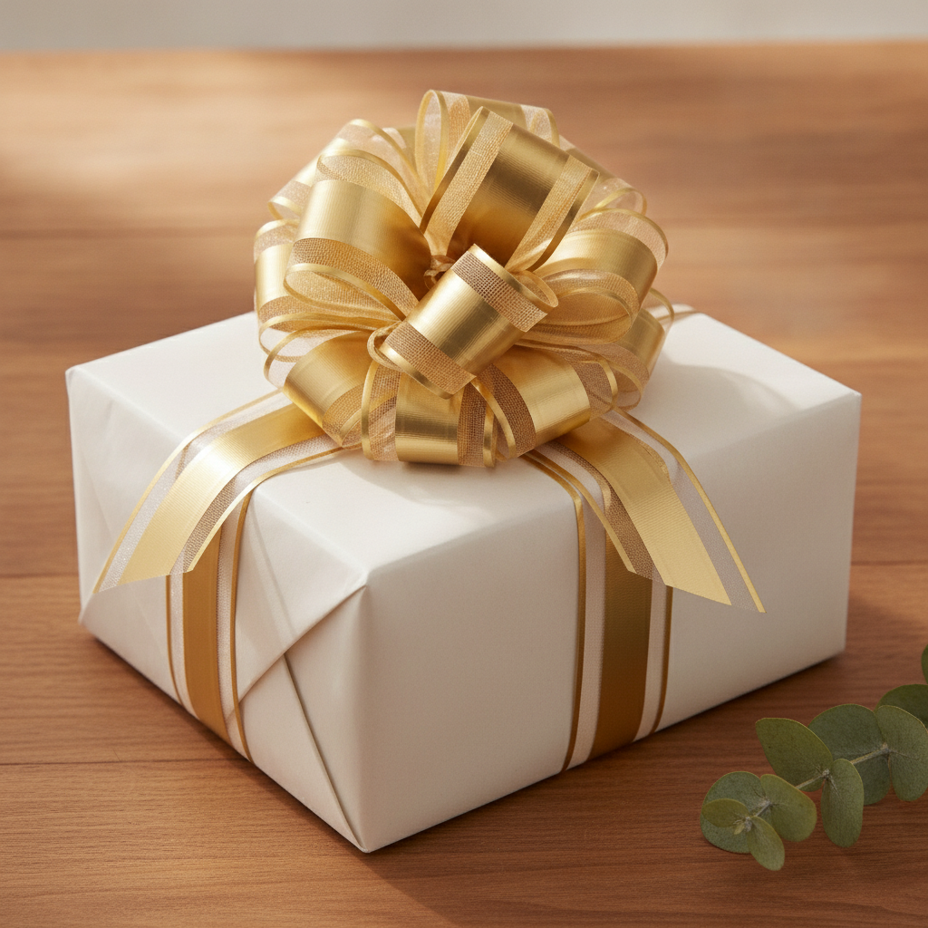Large gold pull bow on white wrapped gift box with greenery
