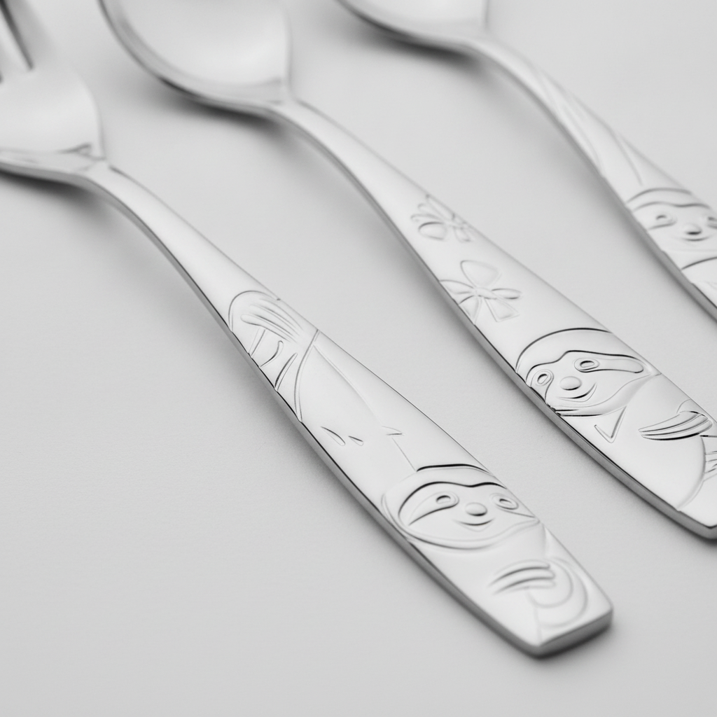 Close-up detail of embossed animal motifs on polished stainless handles