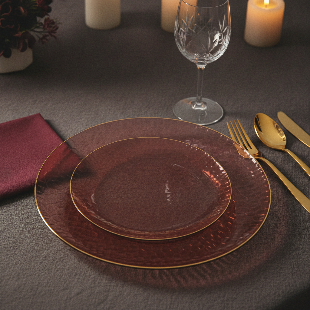 Burgundy gold-rim hammered disposable plastic plates Valentine's place setting with gold cutlery