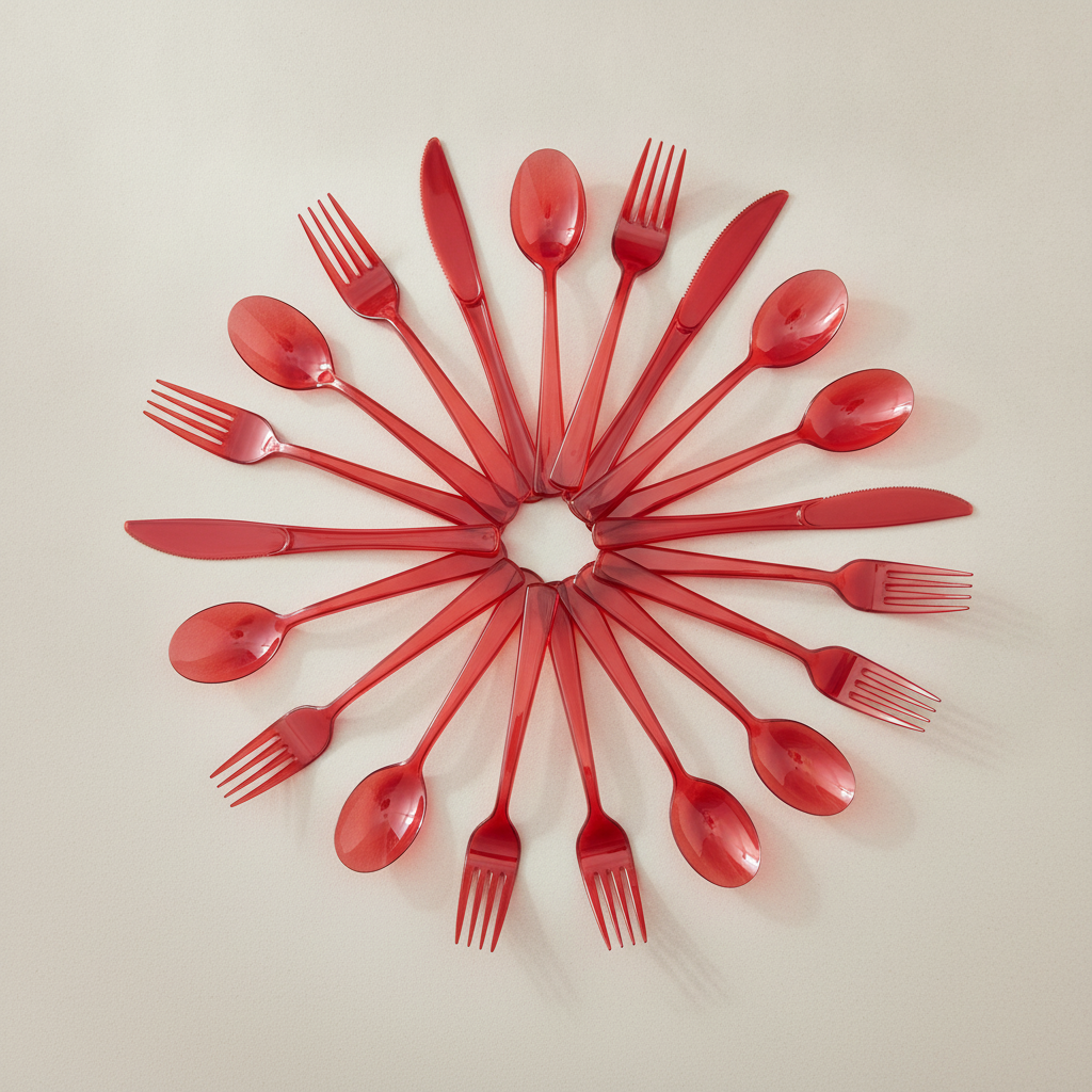 Fanned arrangement of red disposable plastic forks, spoons and knives