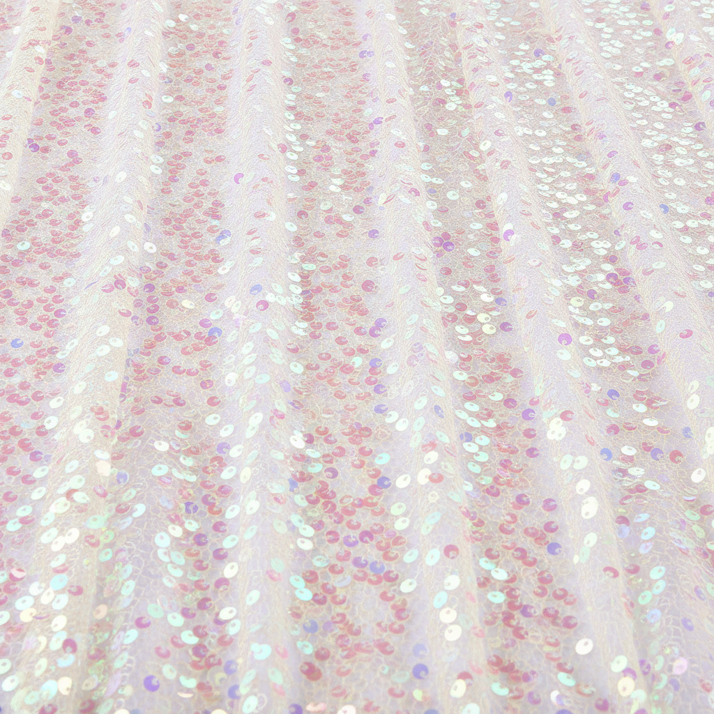 Macro close-up of round iridescent champagne sequins showing opalescent pink and blue shimmer