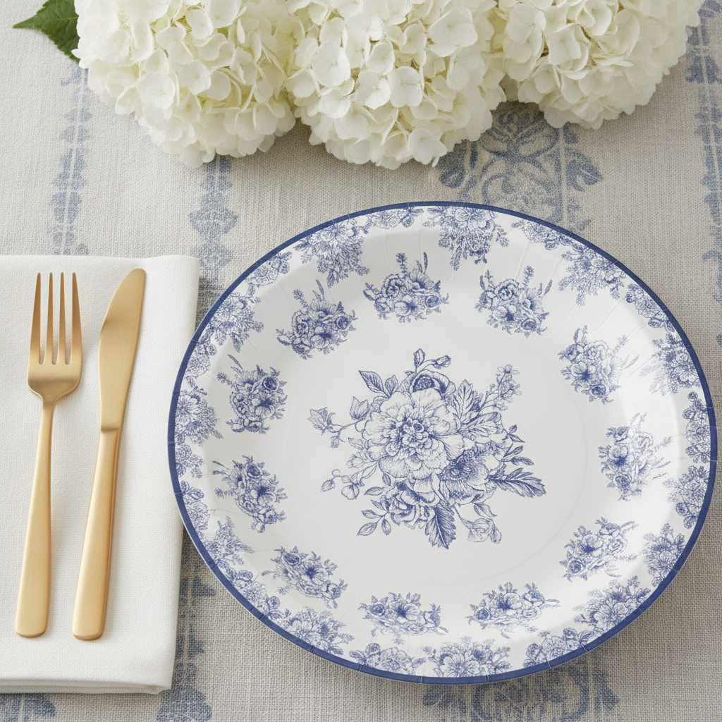 Blue floral paper plate place setting with napkin, gold cutlery and hydrangeas