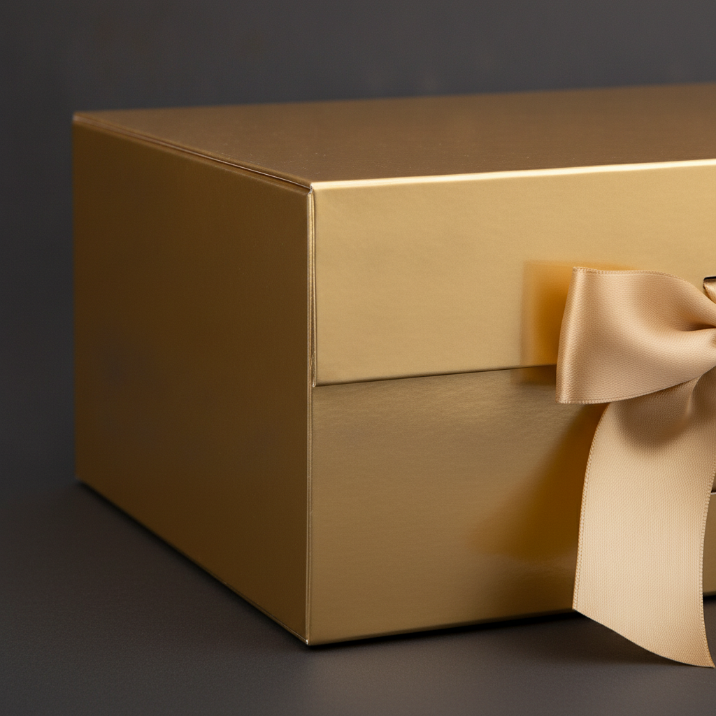 Close-up detail of gold satin ribbon bow and magnetic lid edge of glossy gold gift box