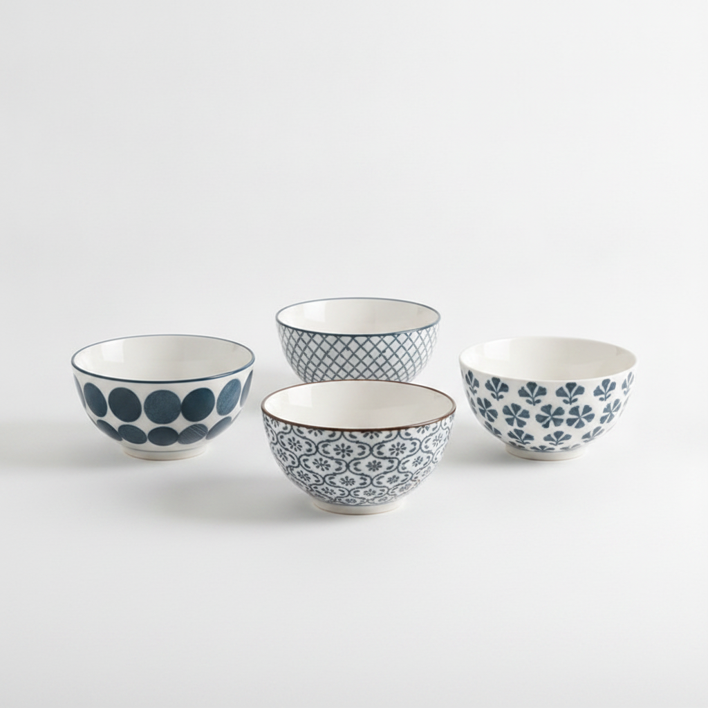 Set of five blue and white floral porcelain rice bowls on white background