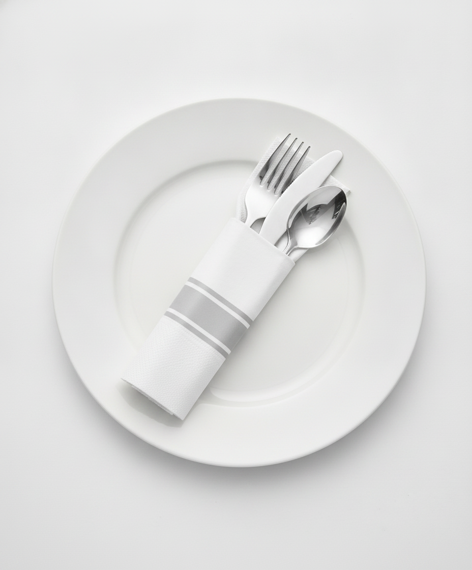 Pre-rolled silver plastic cutlery wrapped in a white napkin with a silver double-stripe band, on a white plate