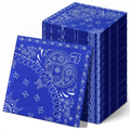 Stack of blue paisley bandana disposable paper party napkins on white background