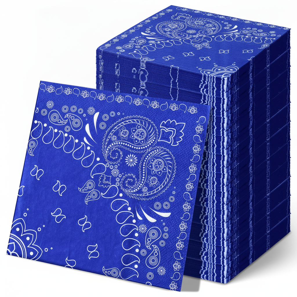 Stack of blue paisley bandana disposable paper party napkins on white background