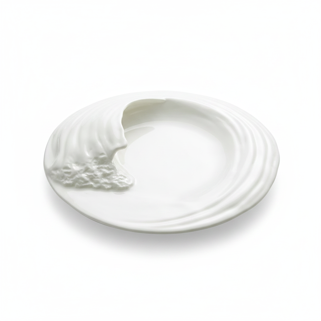 Seigaiha sculptural wave porcelain dinner plate on white background