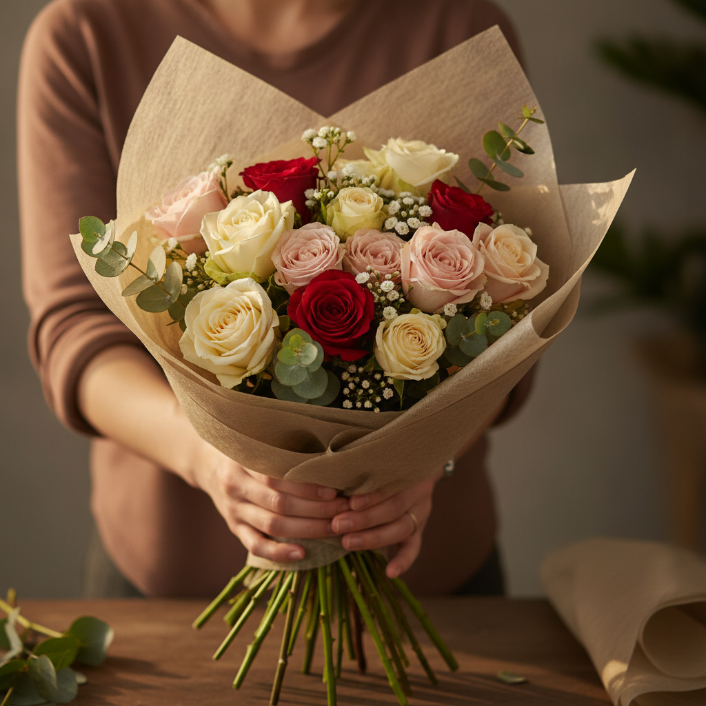 Florist hands wrapping a bouquet in tan non-woven cotton wrapping fabric