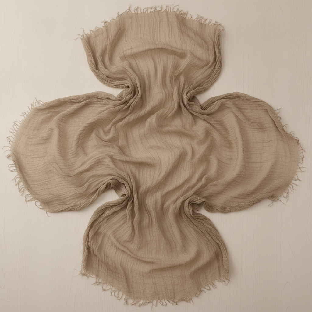 Flat-lay of the coffee gauze table runner showing a soft frayed end edge and airy sheer texture