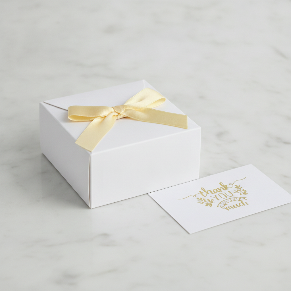 Macro detail of a pale yellow satin ribbon bow and gold-foil thank-you card on a white gift box
