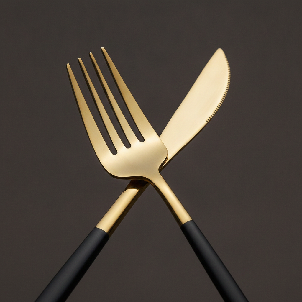 Macro close-up of gold and black handle dinner fork and knife heads