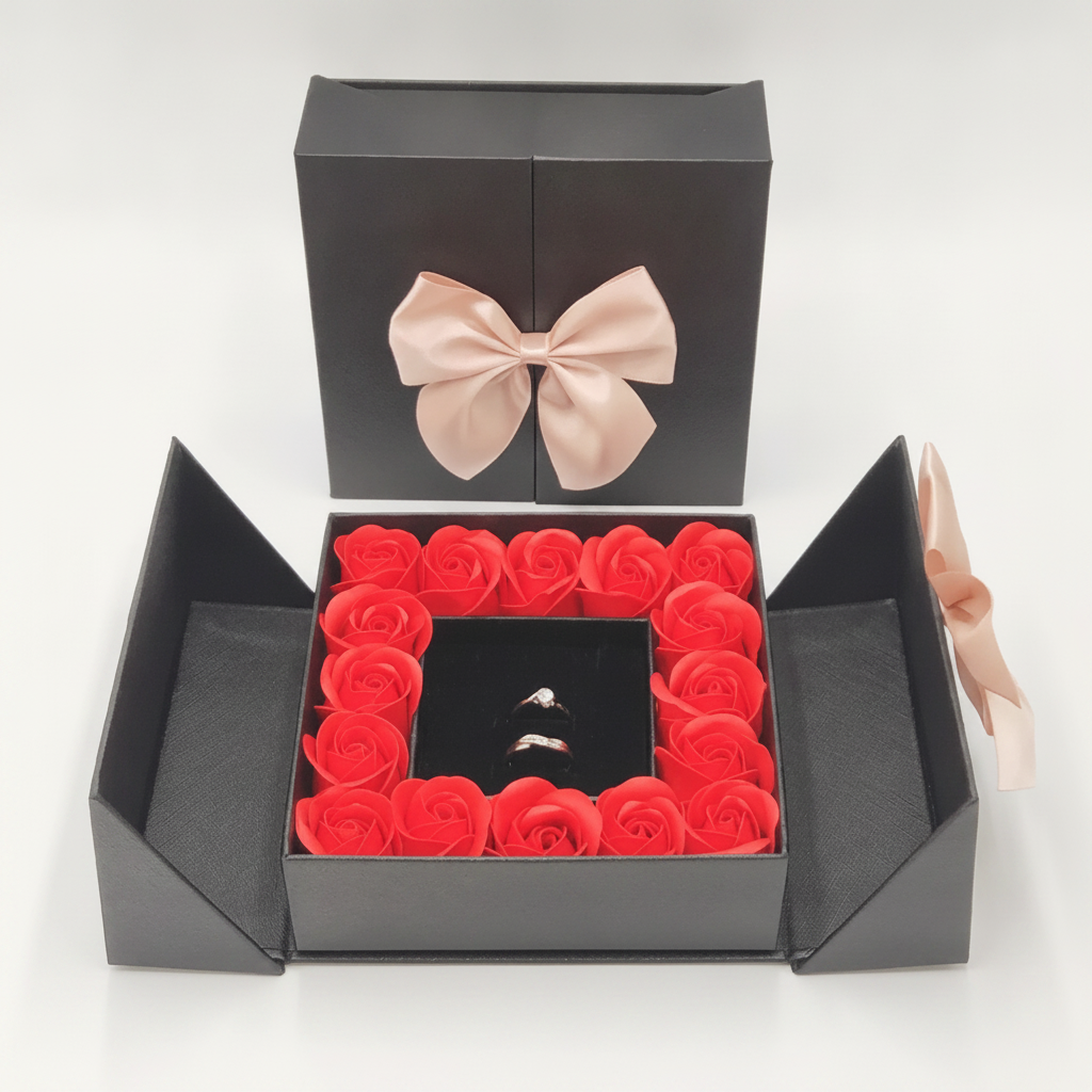 Black double-door jewelry box open showing red roses and black velvet ring holder
