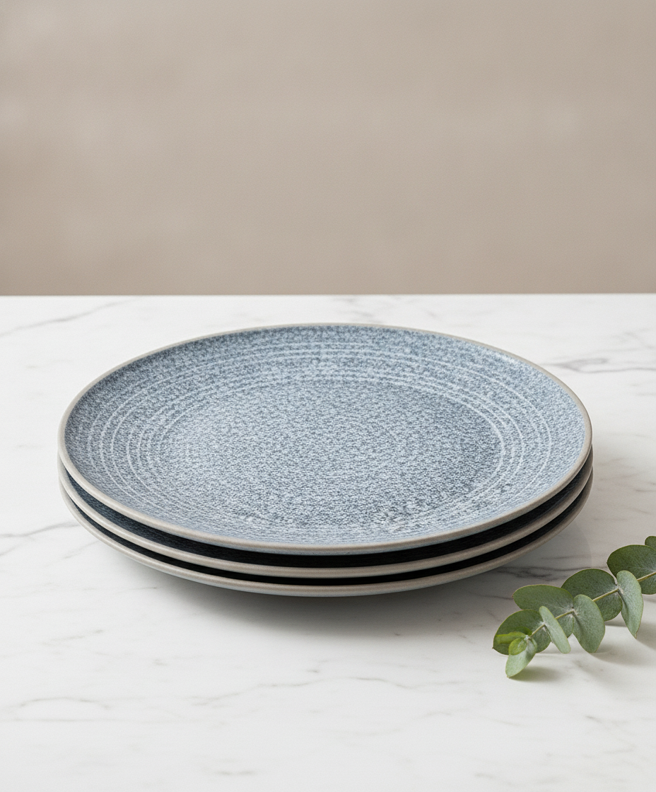 Stack of three blue-grey speckled porcelain plates on white marble