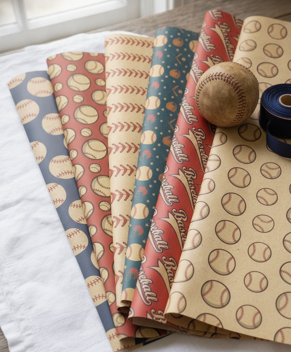 Angled fanned stack of vintage baseball wrapping sheets with a baseball