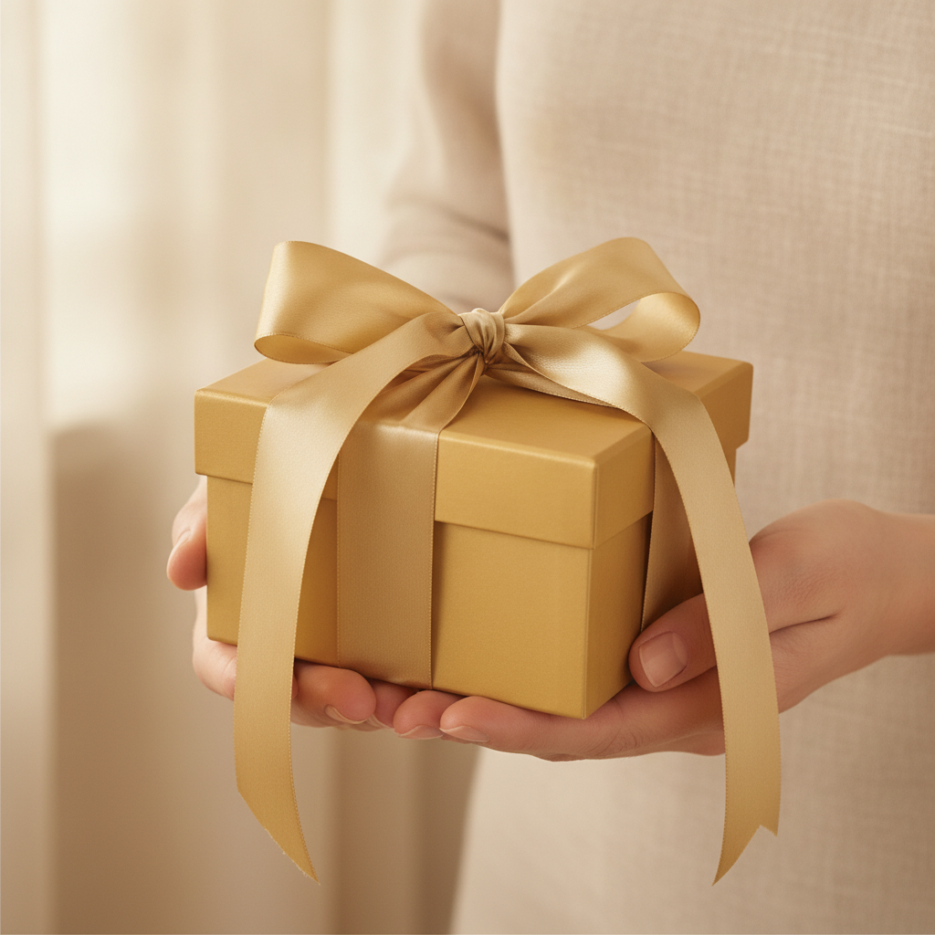 Gold square gift box with satin bow held in two hands as a gift