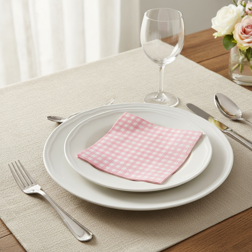 Pink gingham paper napkin folded on a white plate place setting